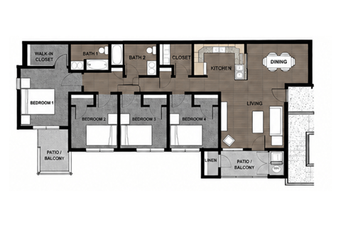 Floor plan for 4 beds, 2 baths, 1226 sqft